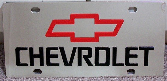 Chevrolet red Bowtie script vanity license plat...